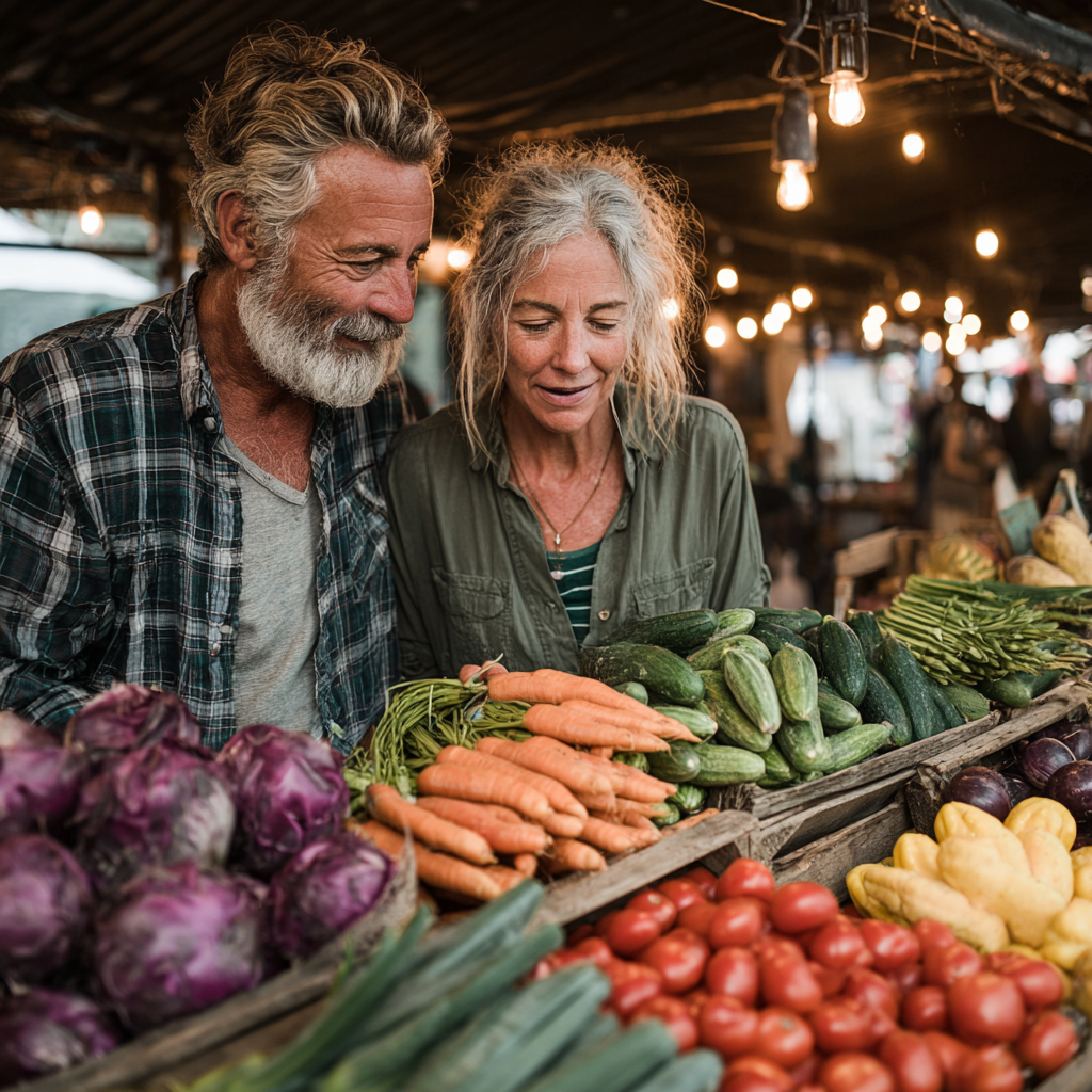 Active mature couple in their early 50s shopping at farmers market selecting fresh organic vegetables and fruits together